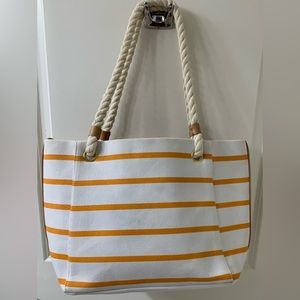 Canvas Tote Summer Beach Tote White Orange Stripes Rope Handle & Leather accent
